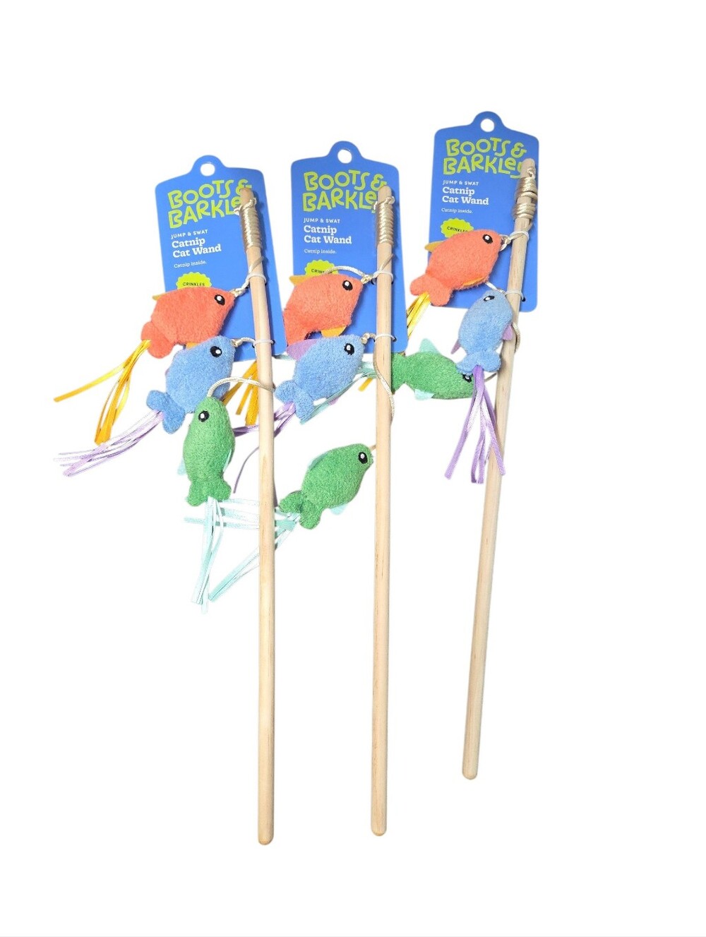 Boots & Barkley Cat Wand Toy - Orange Blue Green Fish Pack Of 3 Nwt